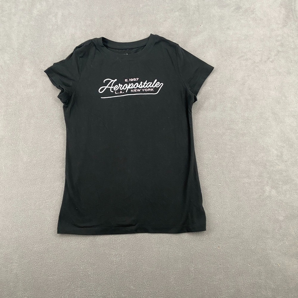 Vintage Y2K Aeropostale Babydoll T Shirt Sz L Black Embroidered Slim Fit